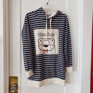 Women's long striped hooded sweatshirt Blue Bear graphic
